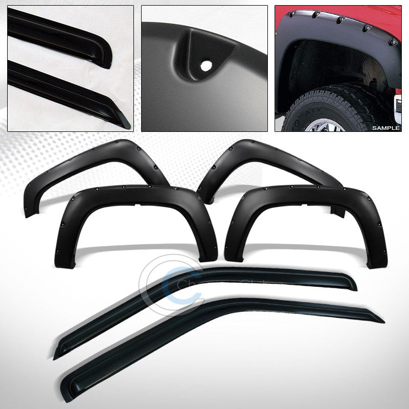MATTE BK POCKET FENDER FLARE JR+2P WINDOW VISOR 1988-2000 CHEVY GMC C10 CK TRUCK