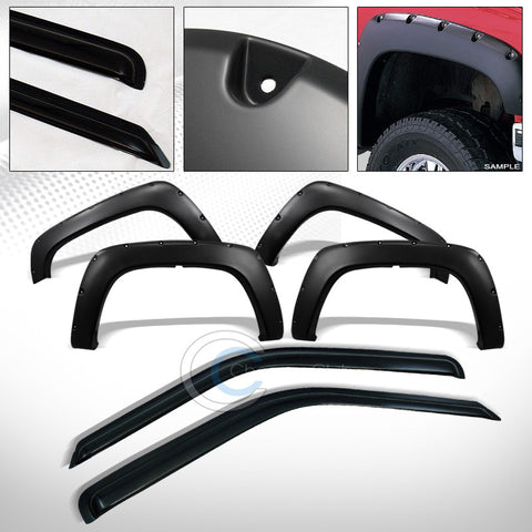 MATTE BK POCKET FENDER FLARE JR+2P WINDOW VISOR 1988-2000 CHEVY GMC C10 CK TRUCK