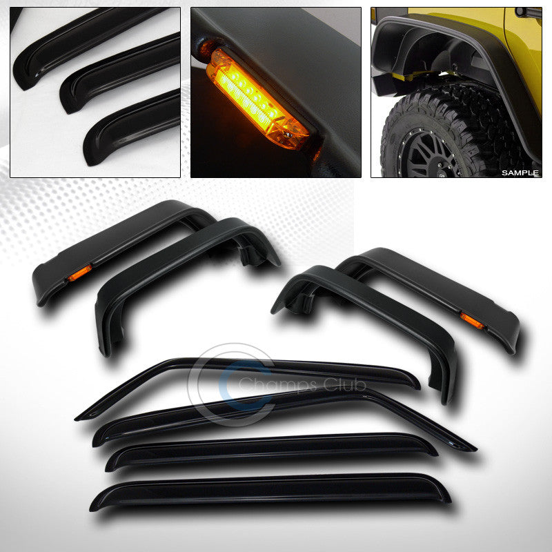 BLK FLAT STYLE FENDER FLARE w/AMBER LIGHTS+WINDOW VISOR 2007-2016 WRANGLER 4D JK