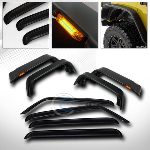 BLK FLAT STYLE FENDER FLARE w/AMBER LIGHTS+WINDOW VISOR 2007-2016 WRANGLER 4D JK