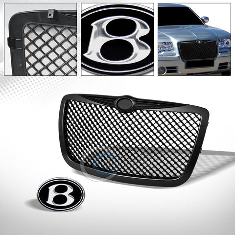 MATTE BLK MESH FRONT HOOD GRILL GRILLE+B EMBLEM 2004 2005-2010 CHRYSLER 300/300C