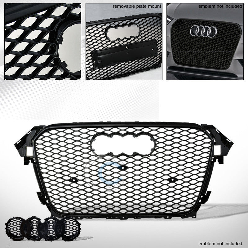 BLACK RS-HONEYCOMB MESH BUMPER GRILL GRILLE GUARD+EMBLEM BASE 13-15 AUDI A4 B8.5