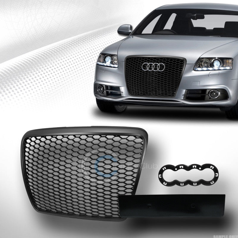 BLACK RS-SPORT HONEYCOMB MESH BUMPER GRILL GRILLE+LOGO BASE 08-11 AUDI A6 S6 C6