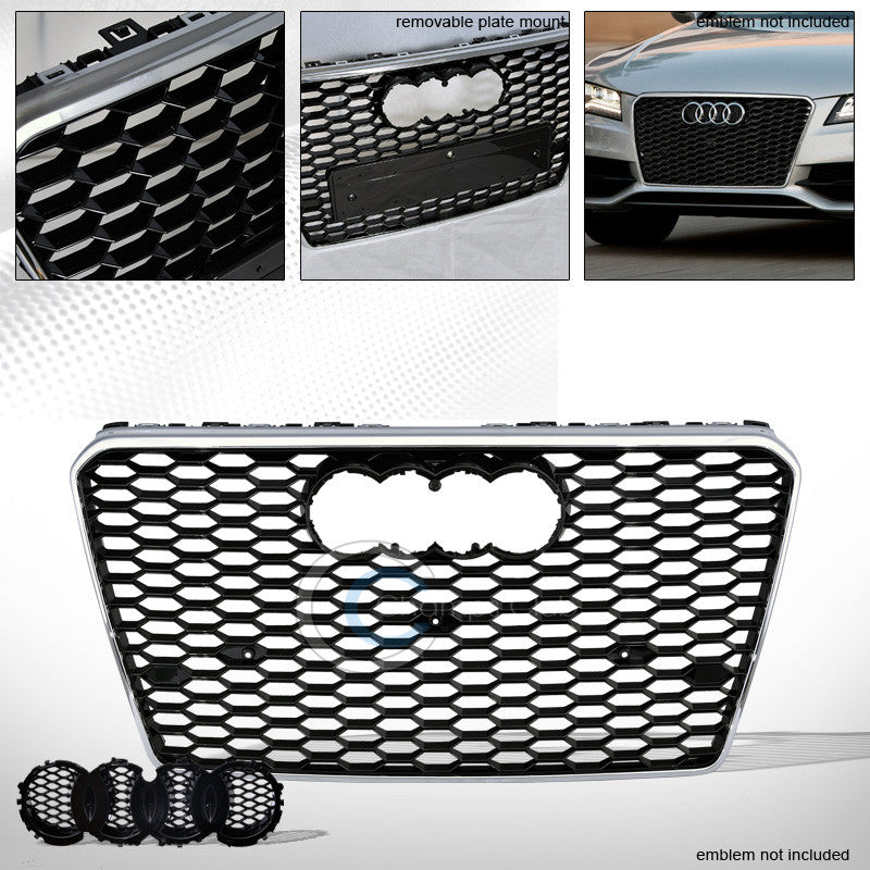 BLK/CHROME RS-HONEYCOMB MESH BUMPER GRILL GRILLE GUARD+EMBLEM BASE 12-14 AUDI A7