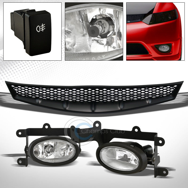 BLK T-R MESH GRILL GRILLE V2+BUMPER FOG LIGHTS w/SWITCH CHROME PT 2006+ CIVIC 2D