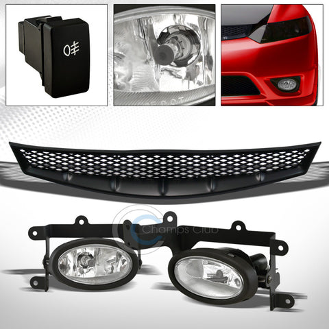BLK T-R MESH GRILL GRILLE V2+BUMPER FOG LIGHTS w/SWITCH CHROME PT 2006+ CIVIC 2D