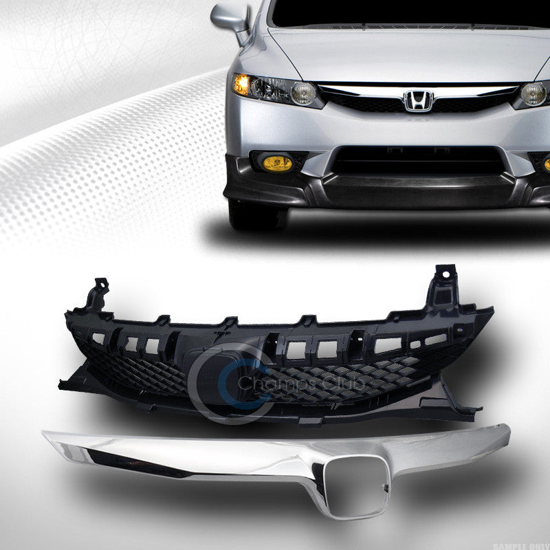BLK MESH BUMPER GRILL GRILLE W/MOLDING TRIM COVER CHROME 2009-2011 CIVIC 4D/4DR