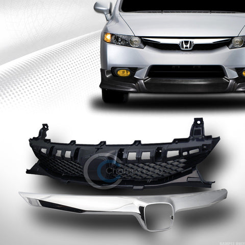 BLK MESH BUMPER GRILL GRILLE W/MOLDING TRIM COVER CHROME 2009-2011 CIVIC 4D/4DR