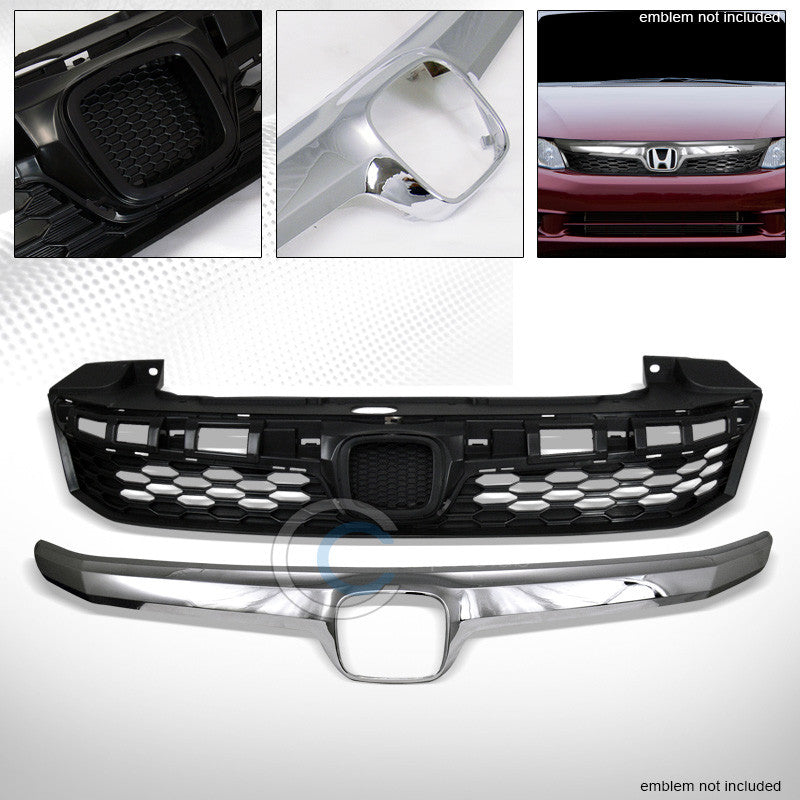 BLK HONEYCOMB MESH BUMPER GRILL GRILLE+CHROME MOLDING TRIM COVER 2012 CIVIC 4DR