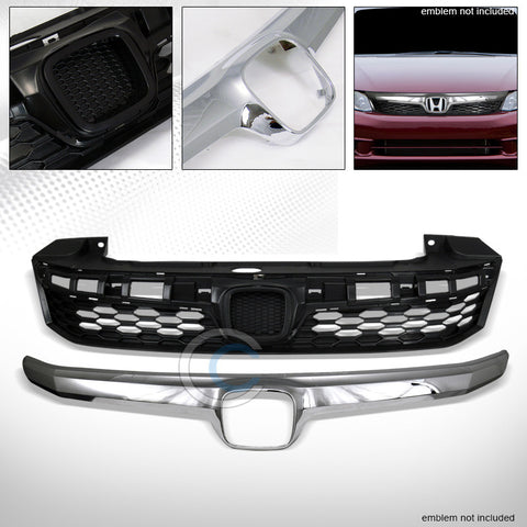 BLK HONEYCOMB MESH BUMPER GRILL GRILLE+CHROME MOLDING TRIM COVER 2012 CIVIC 4DR