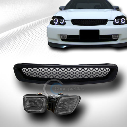 BLK T-R MESH FRONT HOOD GRILL GRILLE+BUMPER FOG LIGHTS SMOKE 1996-1998 CIVIC