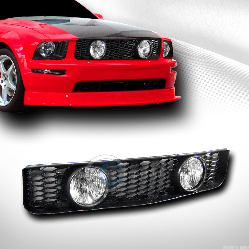 BLACK MESH FRONT HOOD BUMPER GRILL GRILLE+CLEAR FOG LIGHTS 2005-2009 MUSTANG V6