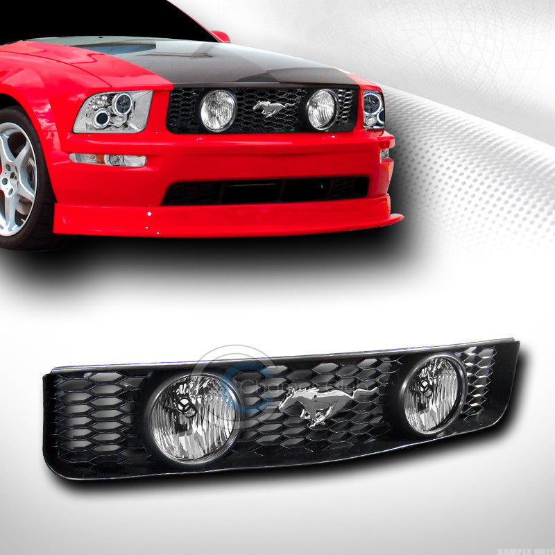 BLK MESH FRONT HOOD BUMPER GRILL GRILLE EMBLEM+FOG LIGHTS 2005-2009 MUSTANG V6