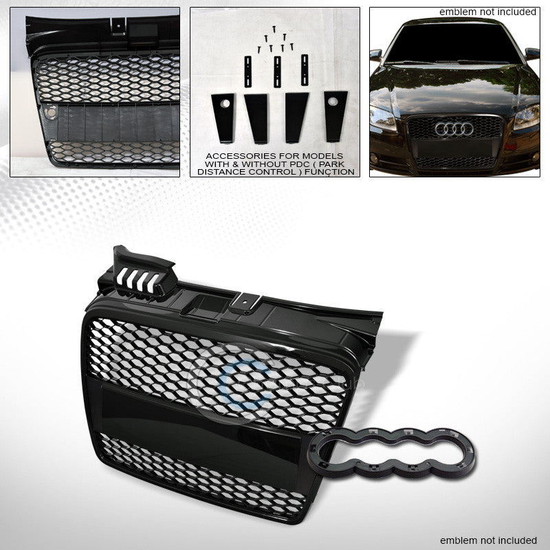 06-08 AUDI A4 B7 BLACK RS-HONEYCOMB MEAH FRONT BUMPER GRILL GRILLE w/EMBLEM BASE