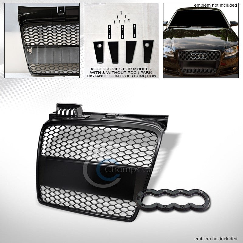 MATTE BLK HONEYCOMB MESH FRONT BUMPER GRILL GRILLE+EMBLEM BASE 05-08 AUDI A4 B7