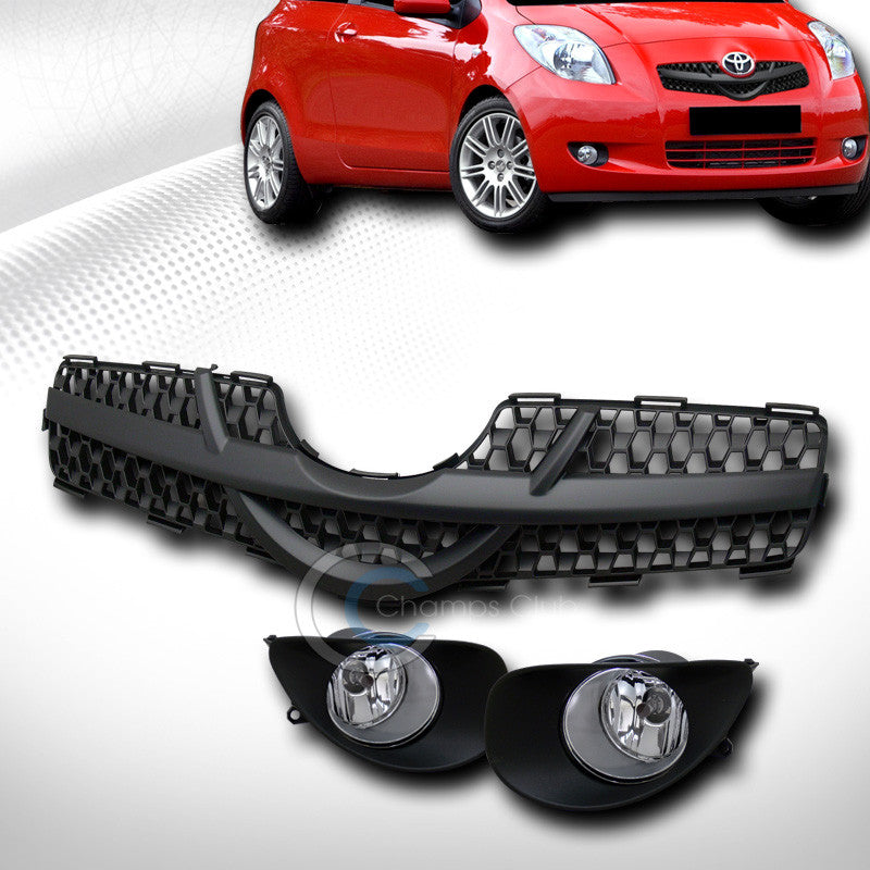 BLK MESH BUMPER GRILL GRILLE+CHROME FOG LIGHTS w/SWITCH 2006-2008 YARIS 2D/3D HB