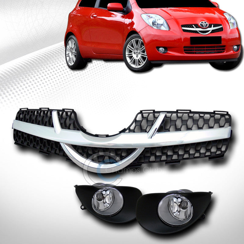 CHROME/BLK MESH BUMPER GRILL GRILLE+FOG LIGHTS w/SWITCH 2006-2008 YARIS 2D/3D HB