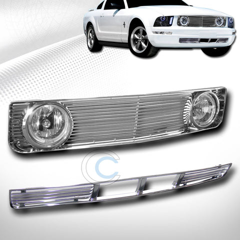 CHROME UPPER+LOWER FRONT HOOD GRILL GRILLE H+HALO FOG LIGHT 2005-2009 MUSTANG V6