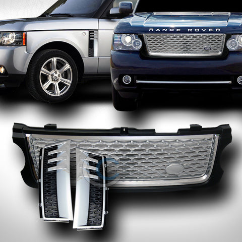 BLK/SILVER MESH FRONT GRILL GRILLE+SIDE FENDER VENT CHROME 2010-2012 RANGE ROVER