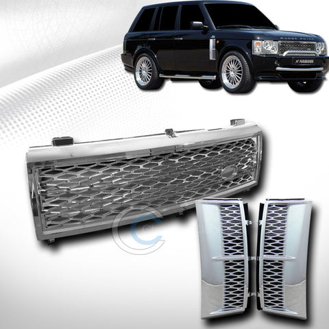 CHROME MESH FRONT HOOD GRILL GRILLE W/SILVER SIDE FENDER 2003-2005 RANGE ROVER