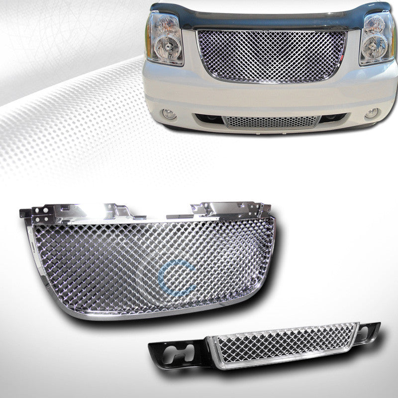 CHROME 3D MESH UPPER+LOWER FRONT HOOD BUMPER GRILL GRILLE 2007-2012 YUKON DENALI