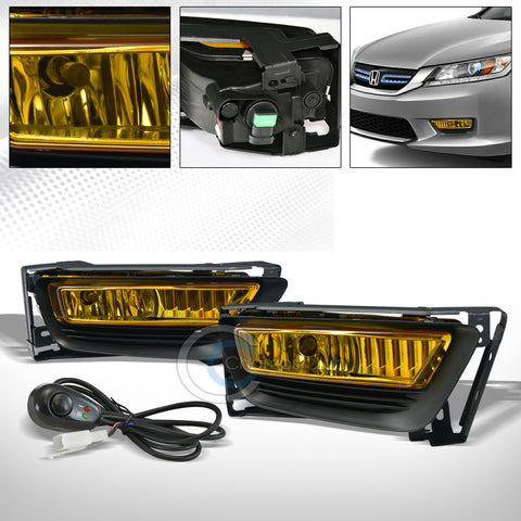 JDM YELLOW FRONT BUMPER FOG LIGHTS LAMPS+SWITCH KIT PT 13-15 HONDA ACCORD 4D/4DR