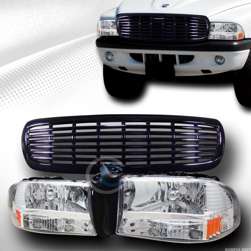 CHROME HEAD LIGHTS CORNER SIGNAL+FRONT GRILL GRILLE BLK 1997-2004 DAKOTA/DURANGO