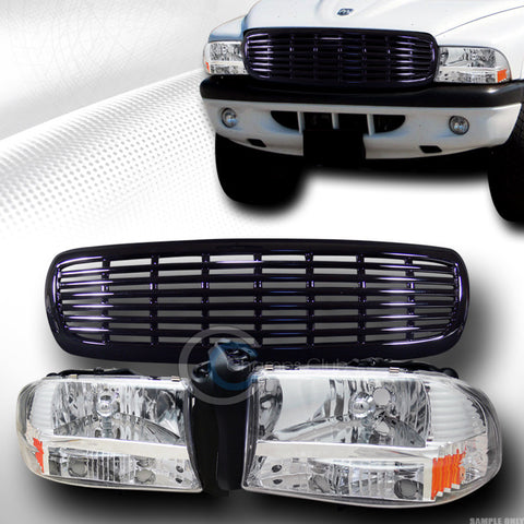 CHROME HEAD LIGHTS CORNER SIGNAL+FRONT GRILL GRILLE BLK 1997-2004 DAKOTA/DURANGO