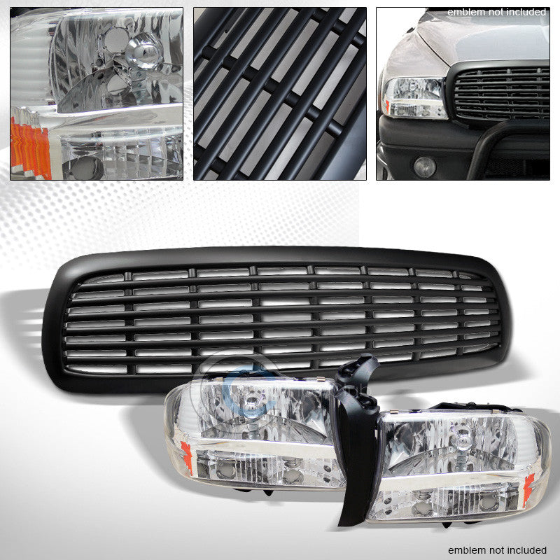 CHROME HEAD LIGHTS+BUMPER AM 1PC+MATTE BLK GRILL GRILLE 1997-2004 DAKOTA/DURANGO