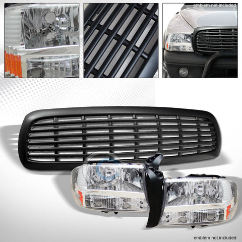 CHROME HEAD LIGHTS+BUMPER AM 1PC+MATTE BLK GRILL GRILLE 1997-2004 DAKOTA/DURANGO