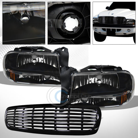 BLK CRYSTAL HEAD LIGHTS PARKING AM+FRONT BUMPER GRILL GRILLE H 1997-2004 DAKOTA