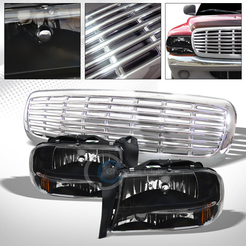 BLK HEADLIGHTS CORNER A AW+CHROME BUMPER H GRILL GRILLE 1997-2004 DAKOTA/DURANGO