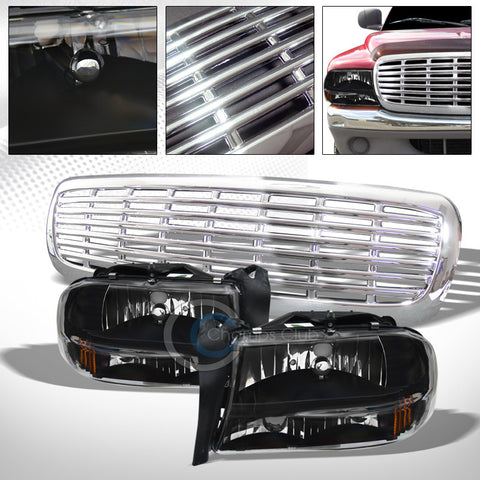 BLK HEADLIGHTS CORNER A AW+CHROME BUMPER H GRILL GRILLE 1997-2004 DAKOTA/DURANGO