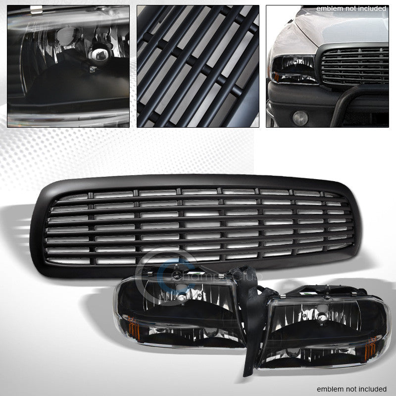 BLACK HEAD LIGHTS w/BUMPER AMBER 1PC+MATTE GRILL GRILLE 1997-2004 DAKOTA/DURANGO