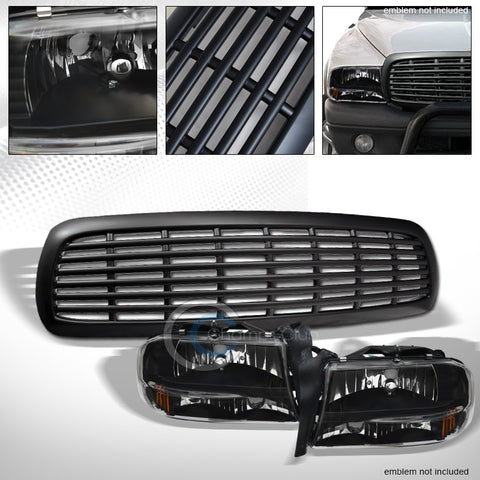 BLACK HEAD LIGHTS w/BUMPER AMBER 1PC+MATTE GRILL GRILLE 1997-2004 DAKOTA/DURANGO