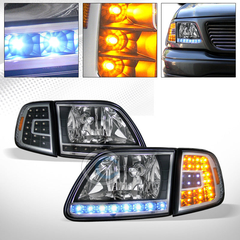 BLK LED HEAD LIGHTS+CORNER LAMPS SIGNAL AMBER AW 4PC 97-03 F150/F250/EXPEDITION