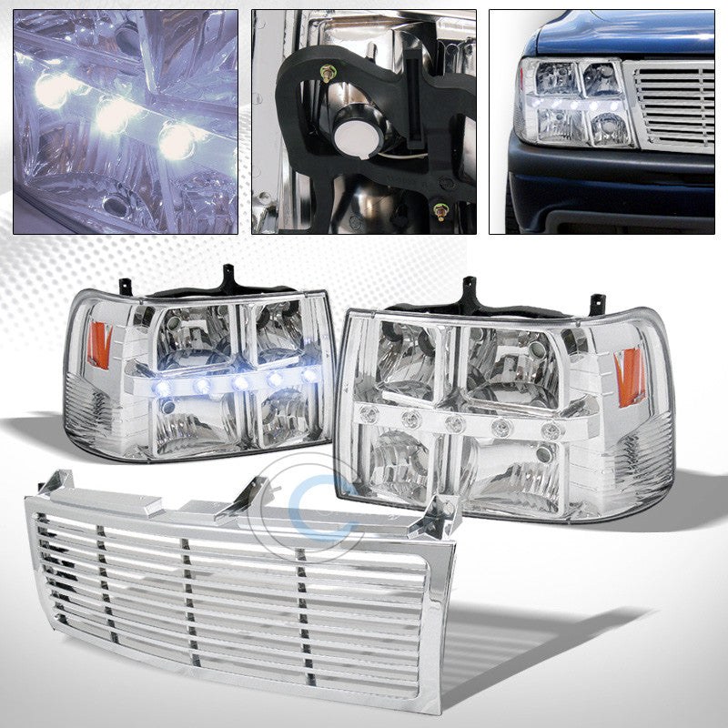 CHROME DRL LED HEAD LIGHTS CORNER LAMPS+BUMPER GRILL GRILLE 99-06 SILVERADO SUV