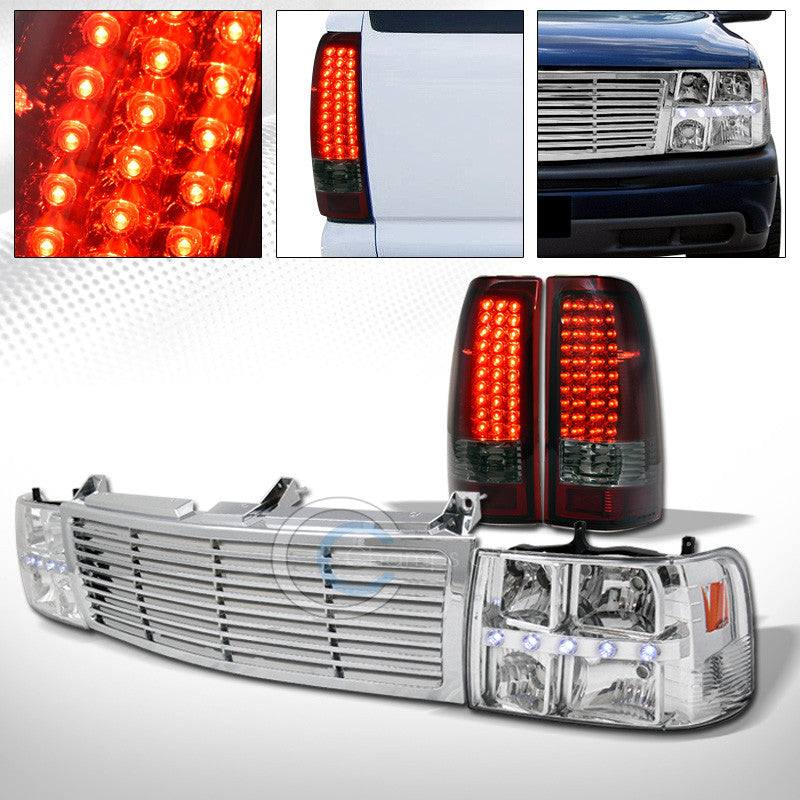 CHROME DRL LED HEADLIGHTS AW+GRILL+RED SMOKE TAIL LAMP 1999-2002 CHEVY SILVERADO