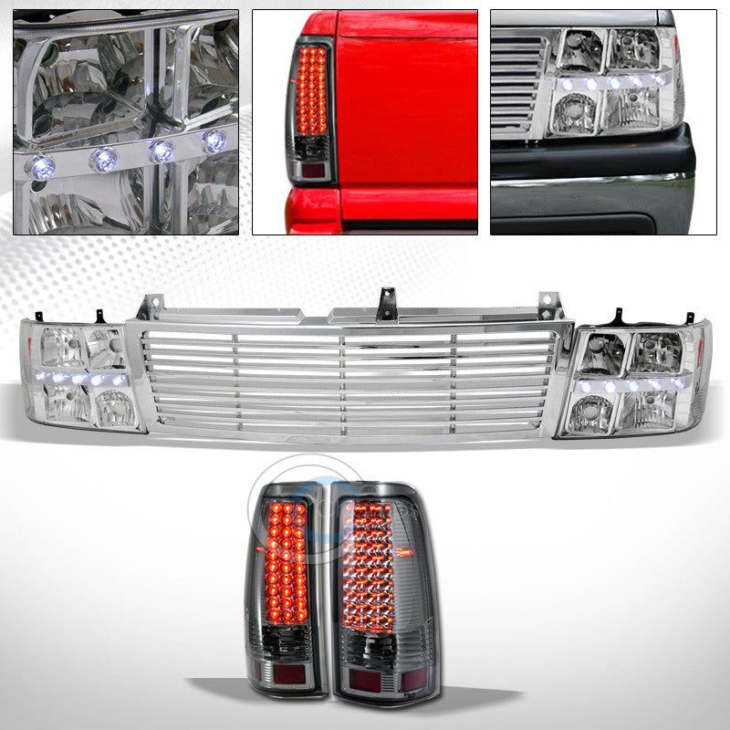 CHROME DRL LED HEADLIGHTS AM AW+GRILL+SMOKE TAIL LAMPS 1999-2002 CHEVY SILVERADO