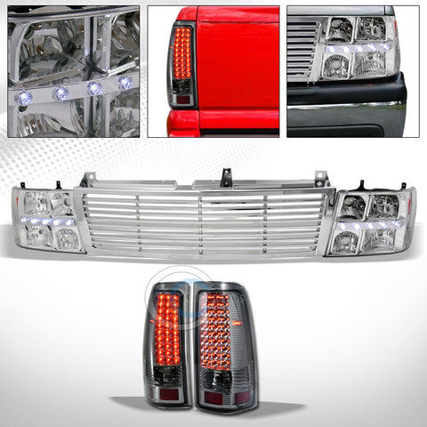 CHROME DRL LED HEADLIGHTS AM AW+GRILL+SMOKE TAIL LAMPS 1999-2002 CHEVY SILVERADO
