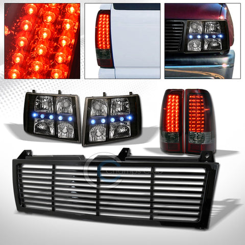 BLACK DRL LED HEADLIGHTS AW+GRILL+RED SMOKE TAIL LAMPS 1999-2002 CHEVY SILVERADO