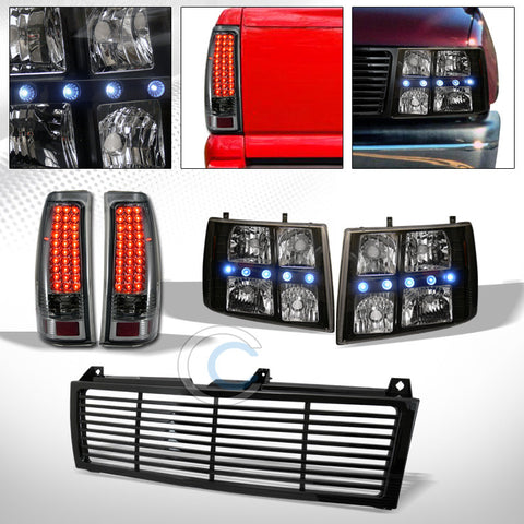 BLACK DRL LED HEADLIGHTS AM AW+GRILL+SMOKE TAIL LAMPS 1999-2002 CHEVY SILVERADO