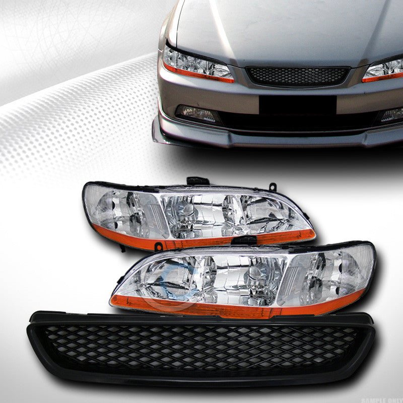 CHROME HEAD LIGHTS AM DY V2+T-R MESH BUMPER GRILL GRILLE BLK 98-02 ACCORD 2D/2DR