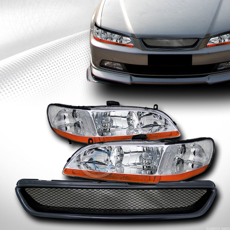 CHROME HEAD LIGHTS AM DY V2+T-R ALUMINUM MESH GRILL GRILLE BLK 98-02 ACCORD 2DR