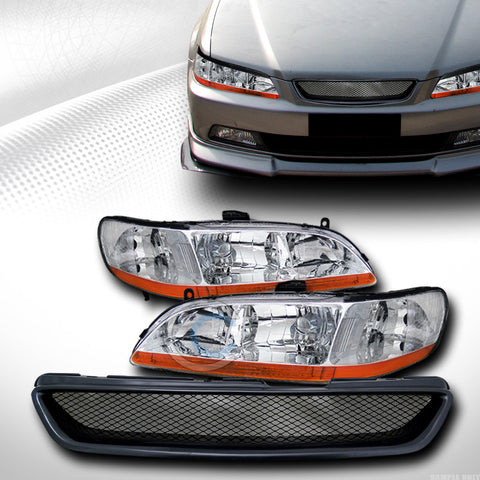 CHROME HEAD LIGHTS AM DY V2+T-R ALUMINUM MESH GRILL GRILLE BLK 98-02 ACCORD 2DR