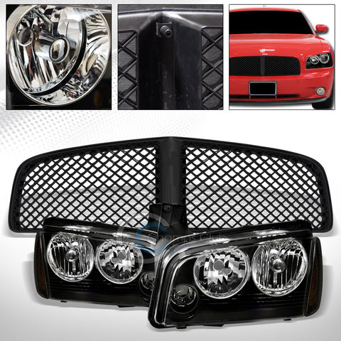 BLK HEAD LIGHTS CORNER SIGNAL LAMPS AMBER DY+MESH GRILL GRILLE 05/06-10 CHARGER