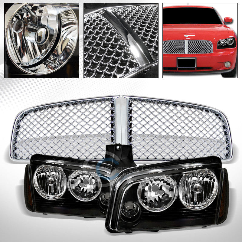 BLK HEAD LIGHTS CORNER SIGNAL AMBER DY+CHROME MESH GRILL GRILLE 05/06-10 CHARGER