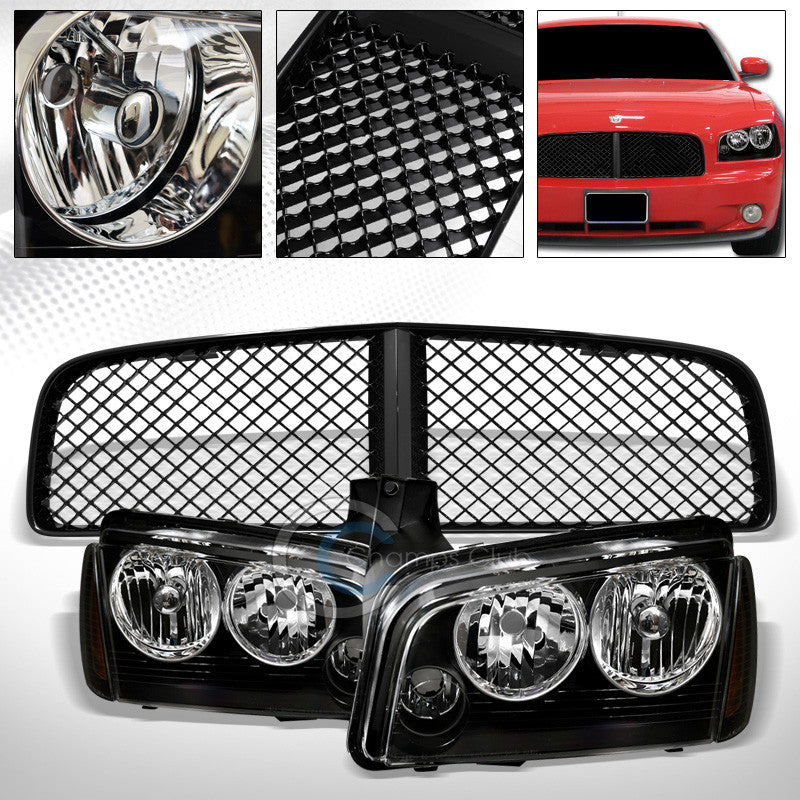 BLK HEAD LIGHTS CORNER SIGNAL AMBER DY+MATTE MESH GRILL GRILLE 05/06-10 CHARGER
