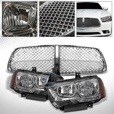 SMOKE HEAD LIGHTS SIGNAL LAMPS A DY+CHROME MESH FRONT GRILL GRILLE 11-14 CHARGER