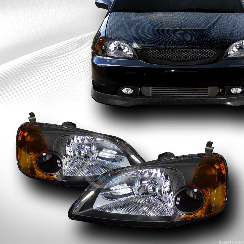 BLACK CRYSTAL HEAD LIGHTS LAMPS W/SIGNAL PARKING AMBER PAIR DY 01-03 HONDA CIVIC